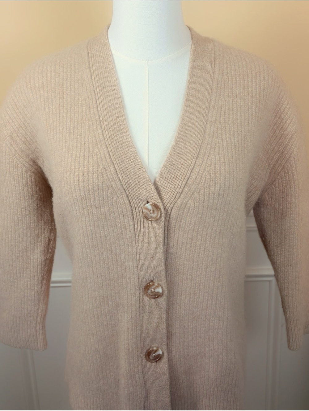 🧸 Quince 100% Cashmere Ribbed Cardigan XS Camel Tan 3/4 Sleeve